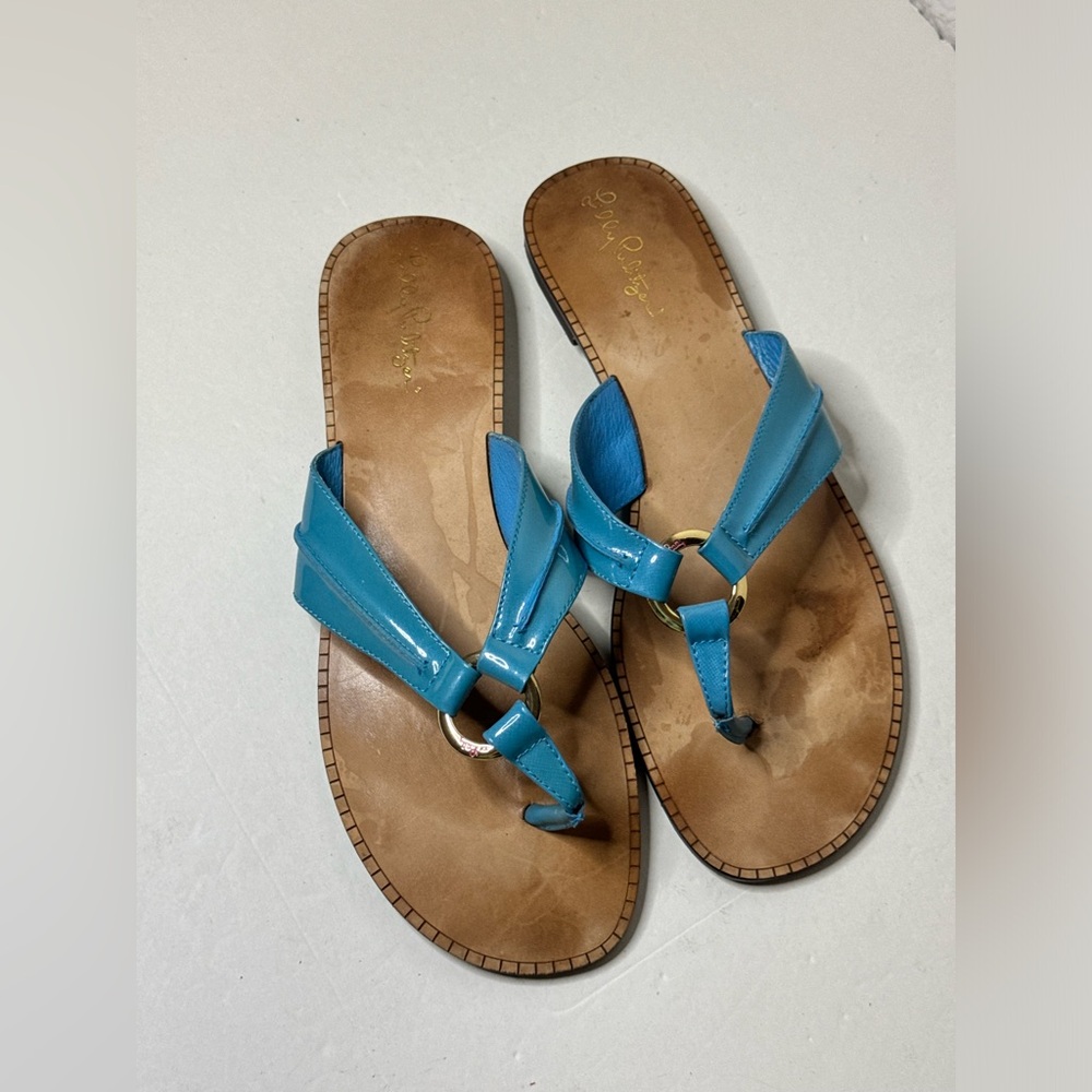 Lilly Pulitzer Aqua Blue Leather Thong Sandals Size 10M